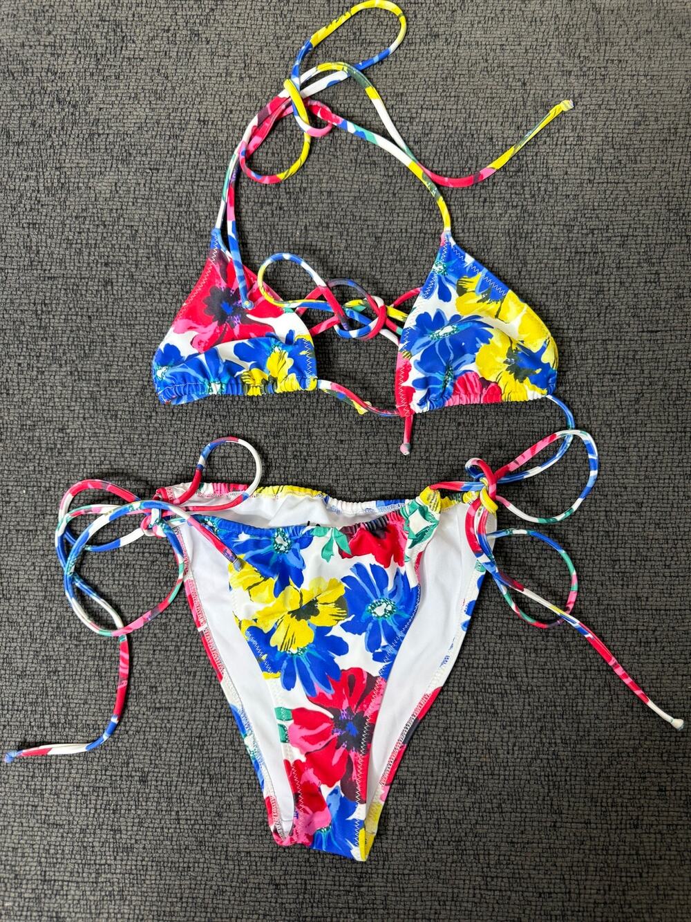 LOLEIA Floral Triangle String Bikini Set Tropical Resort Swim Top S Bottom L